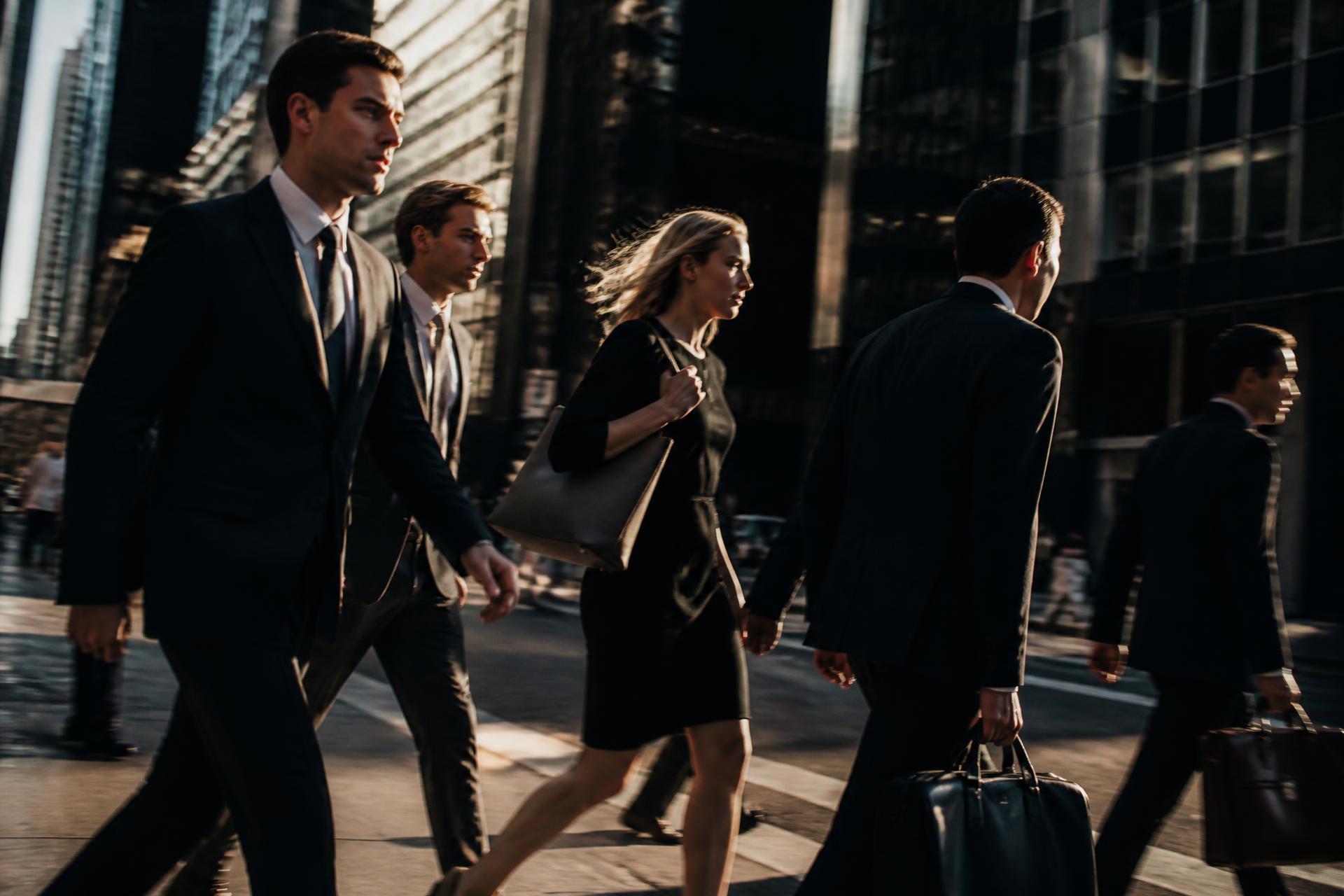 Professionals moving quickly between buildings in the New York financial district